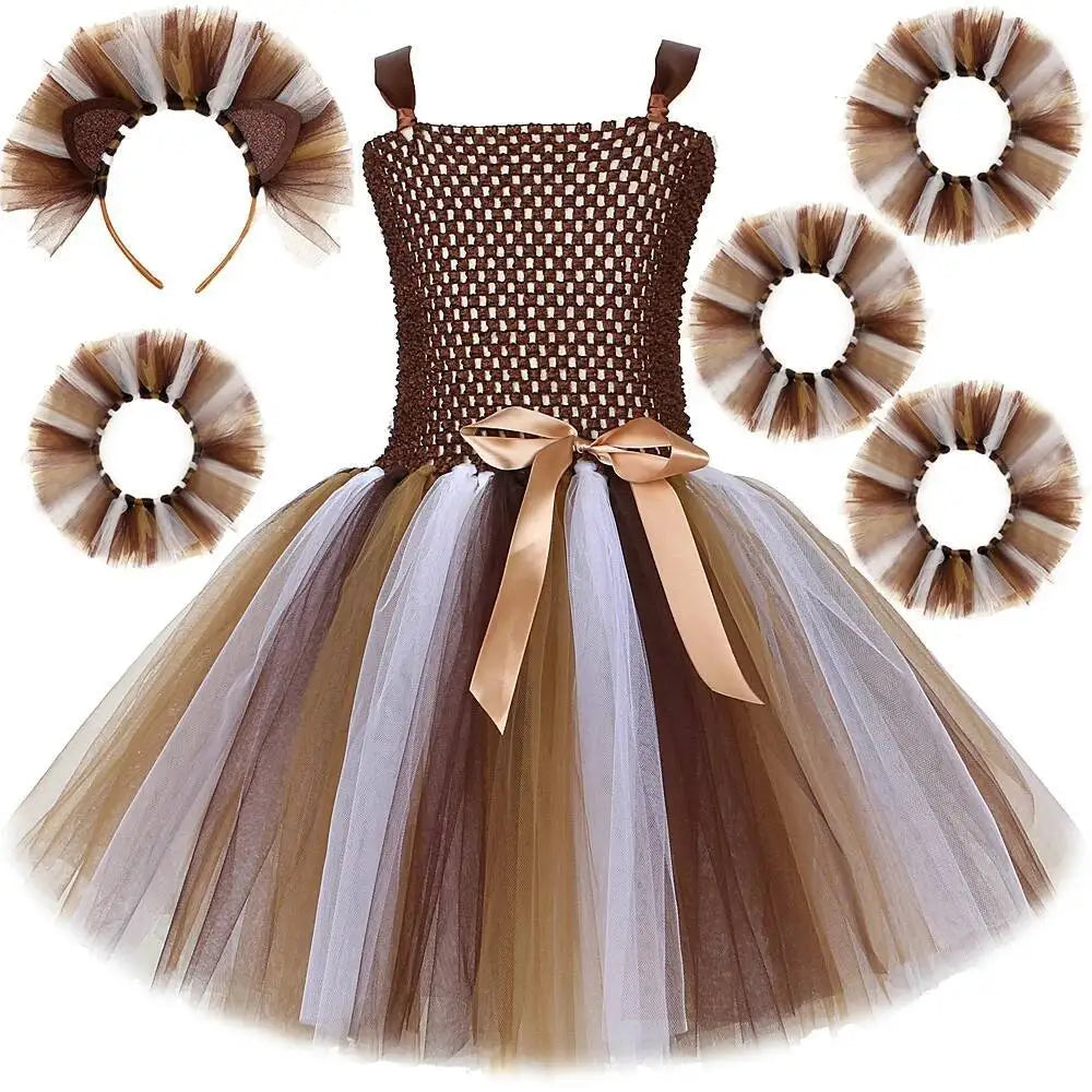 Lion Tutu Dress for Girls (1-12 Years) – Jungle Animal Ballet Costume with Wrist & Ankle Cuffs for Halloween, Christmas, Party