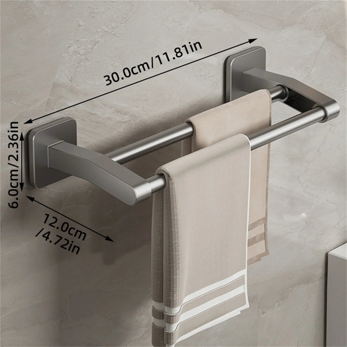 Self-Adhesive Double Towel Bar No-Drill Bathroom Towel Rack White/Gray