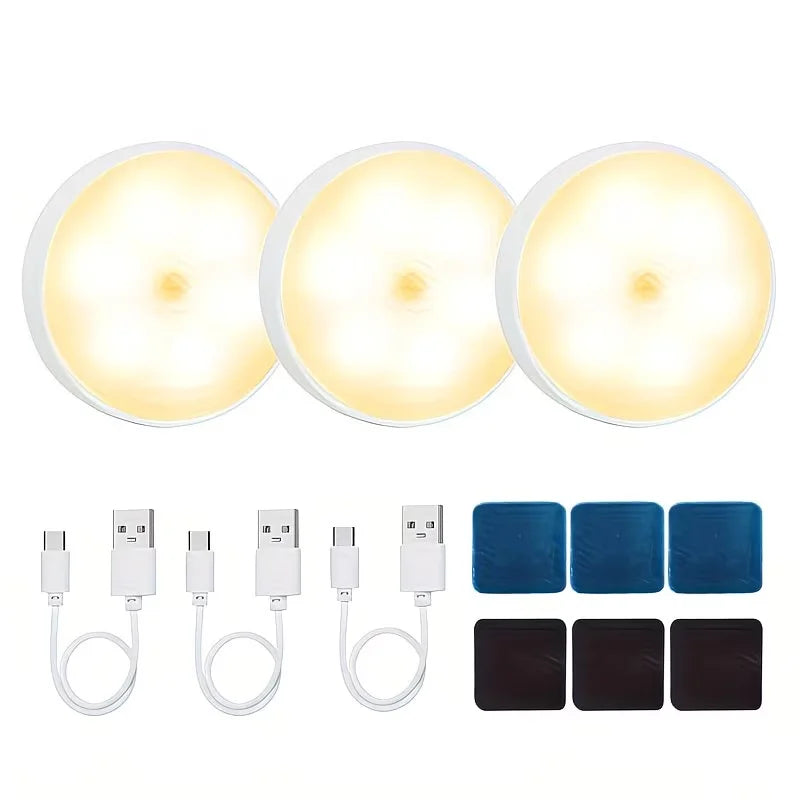 3-Pack Motion Sensor Night Lights - Wireless Rechargeable LED Detector Lamps for Bedroom, Staircase, Closet & Hallway