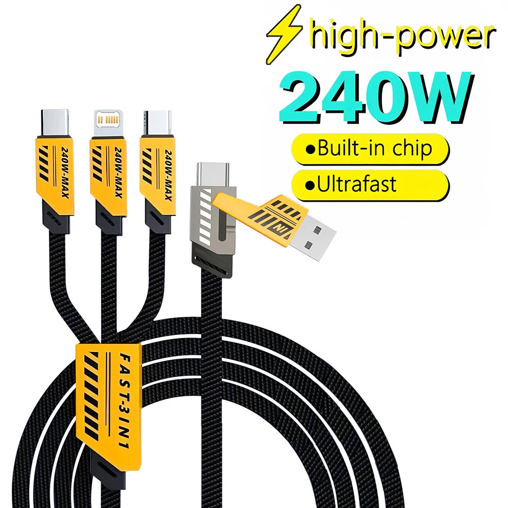 2-in-3 240W Nylon Braided Multiport Fast Charging Cable — USB-A & USB-C Input to USB-C, Lightning & Micro USB