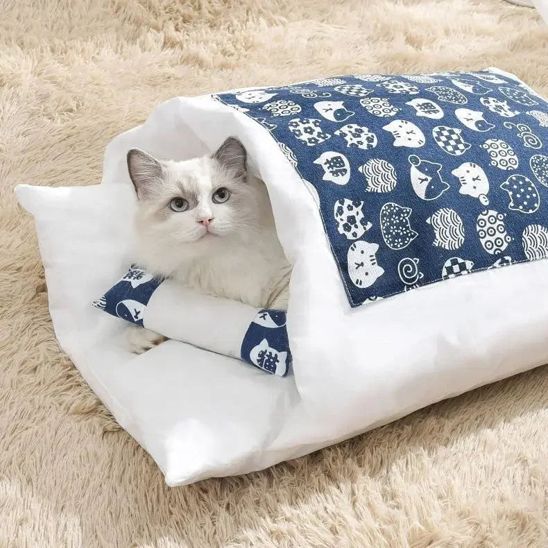 Kawaii Cat Cave Bed with Removable Cover – Plush Pet House for Cats & Small Dogs (S/M/L, 45–65 cm / 17.7–25.6 in)