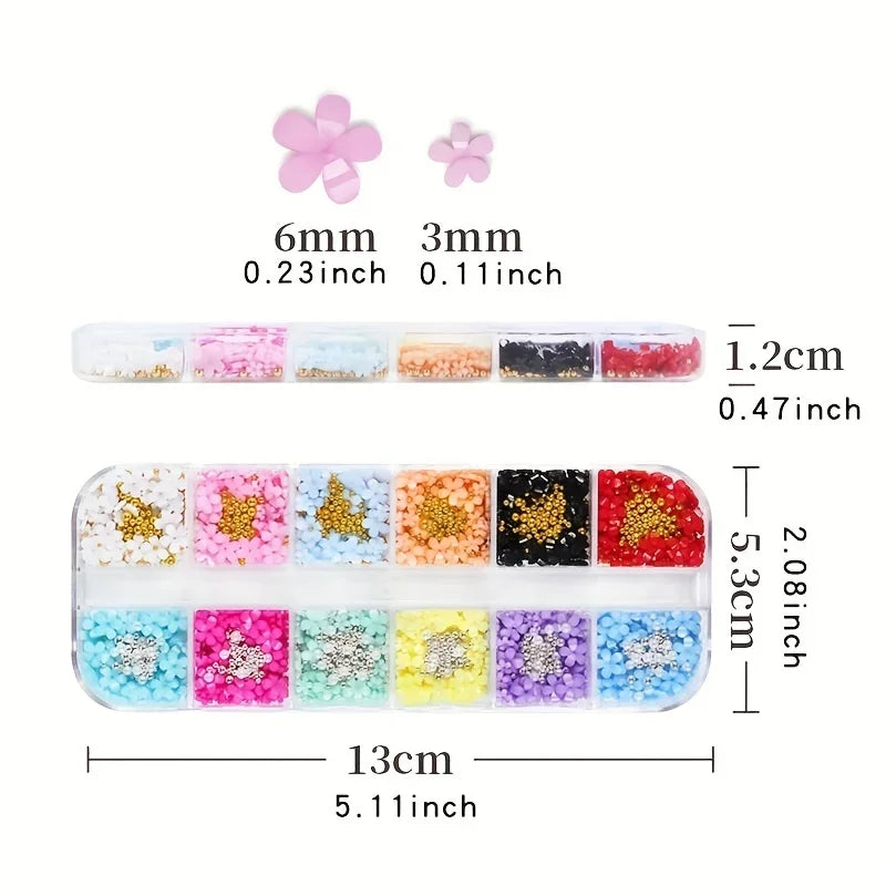 12-Grid 3D Flower Nail Charms Set - Mixed Colors Caviar Beads, Rhinestones & Pearls for DIY Nail Art (3mm & 6mm / 0.12 in & 0.24 in)