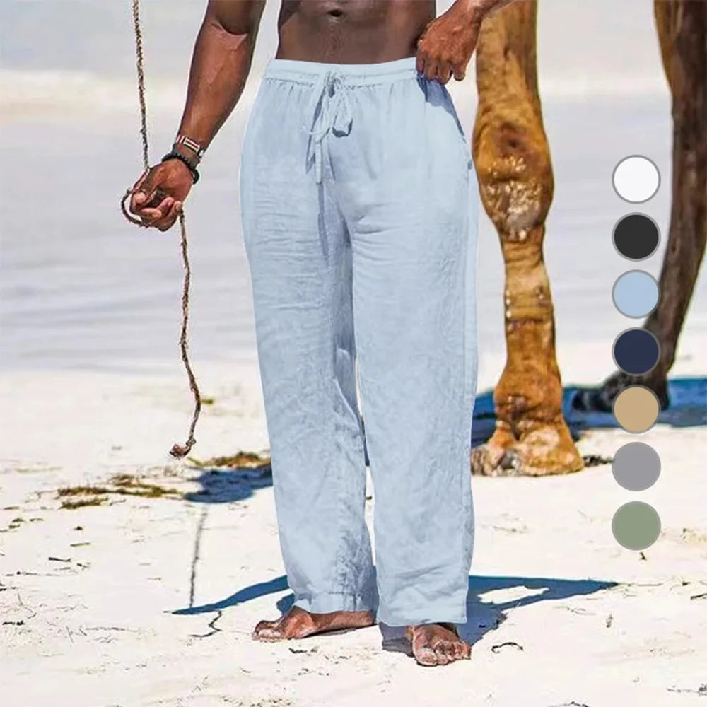 Men's Summer Cotton-Linen Oversized Wide Leg Pants Elastic Waist Casual Ankle-Length