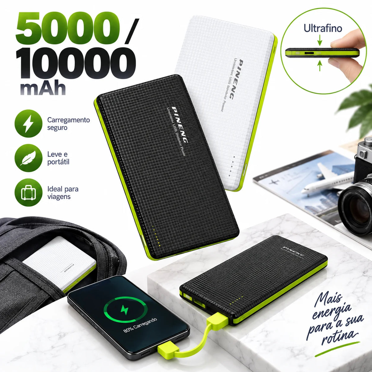 Portable Power Bank 5000mAh / 10000mAh with Built-In Micro USB (V8), Lightning Adapter & USB-C Dual Output