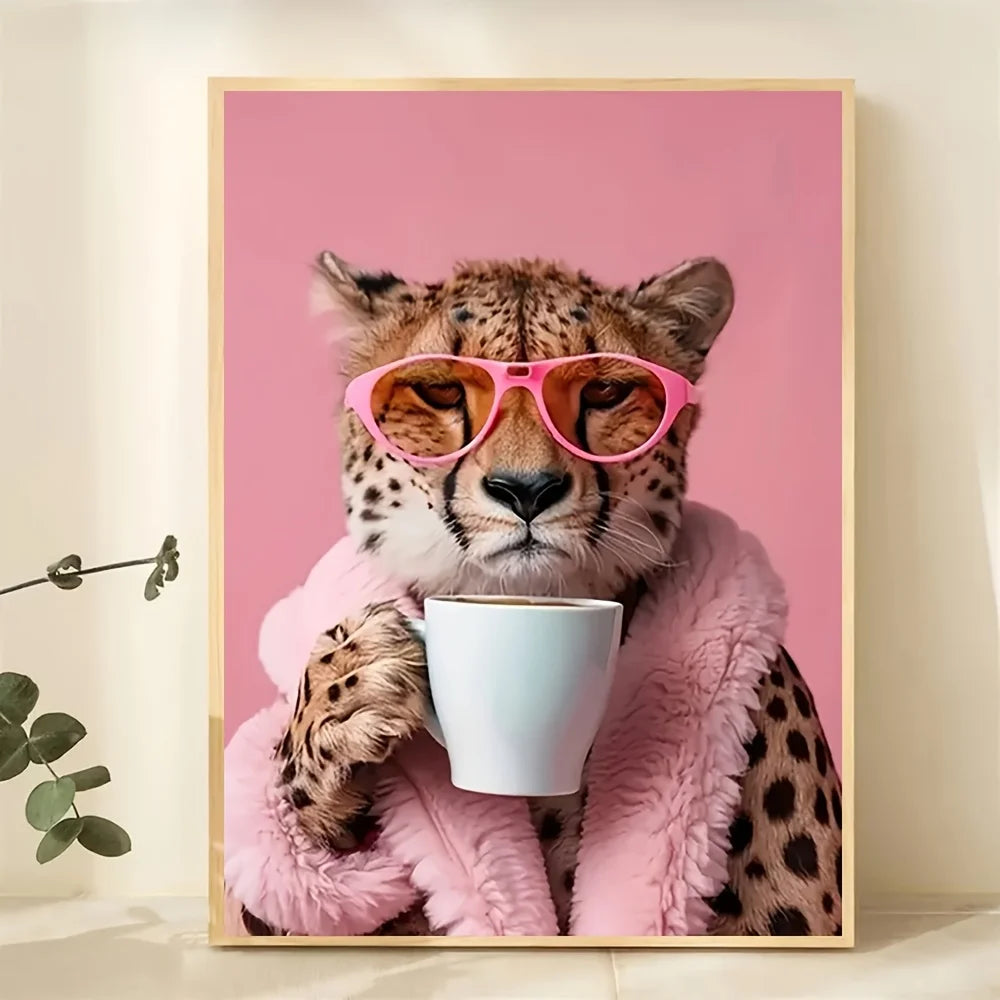 Cheetah Drinking Coffee Canvas Art Print, Frameless Animal Wall Decor for Home Office Cafe