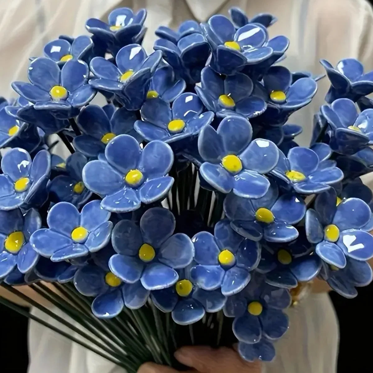 Blue Ceramic Forget-Me-Not Artificial Flowers 14.56 in (37 cm) Fade-Resistant Indoor & Outdoor Vase and Lawn Decor