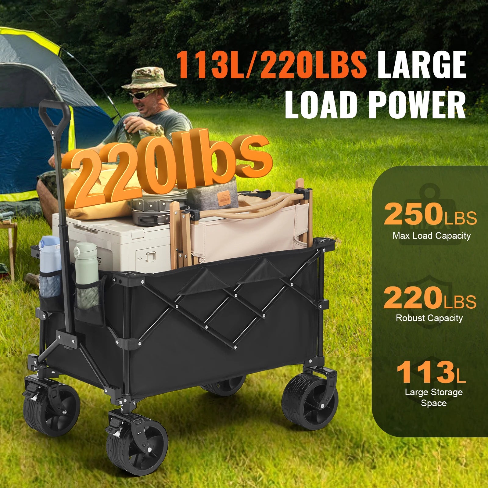 Collapsible Folding Wagon Cart — All-Terrain Beach & Camping Utility Wagon with Drink Holder & Storage Pockets