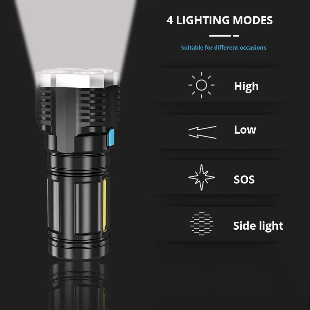 Rechargeable 1000 Lumen LED Flashlight with COB Side Light — 4 Modes