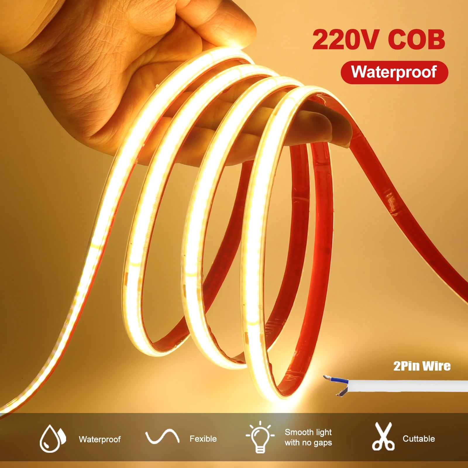 AC 220V COB LED Strip Light — 240 LEDs/m (73 LEDs/ft) IP65 Waterproof, 3000K/4000K/6000K, 10 cm (3.94 in) Cuttable Self-Adhesive Flexible Tape