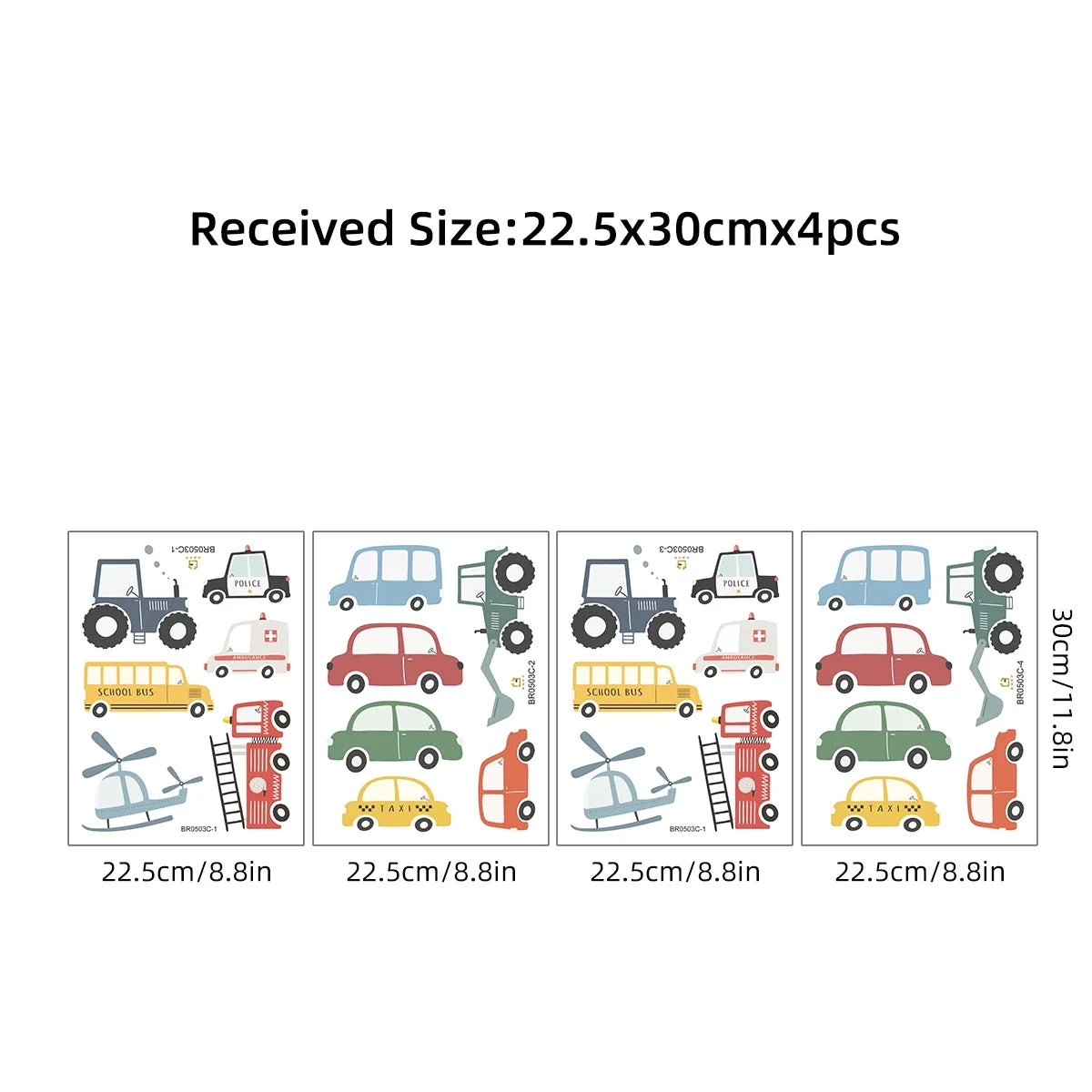 Cartoon Tractor Helicopter Car Wall Decals for Kids Room – 4-Pack Removable Waterproof PVC Nursery & Playroom Decor