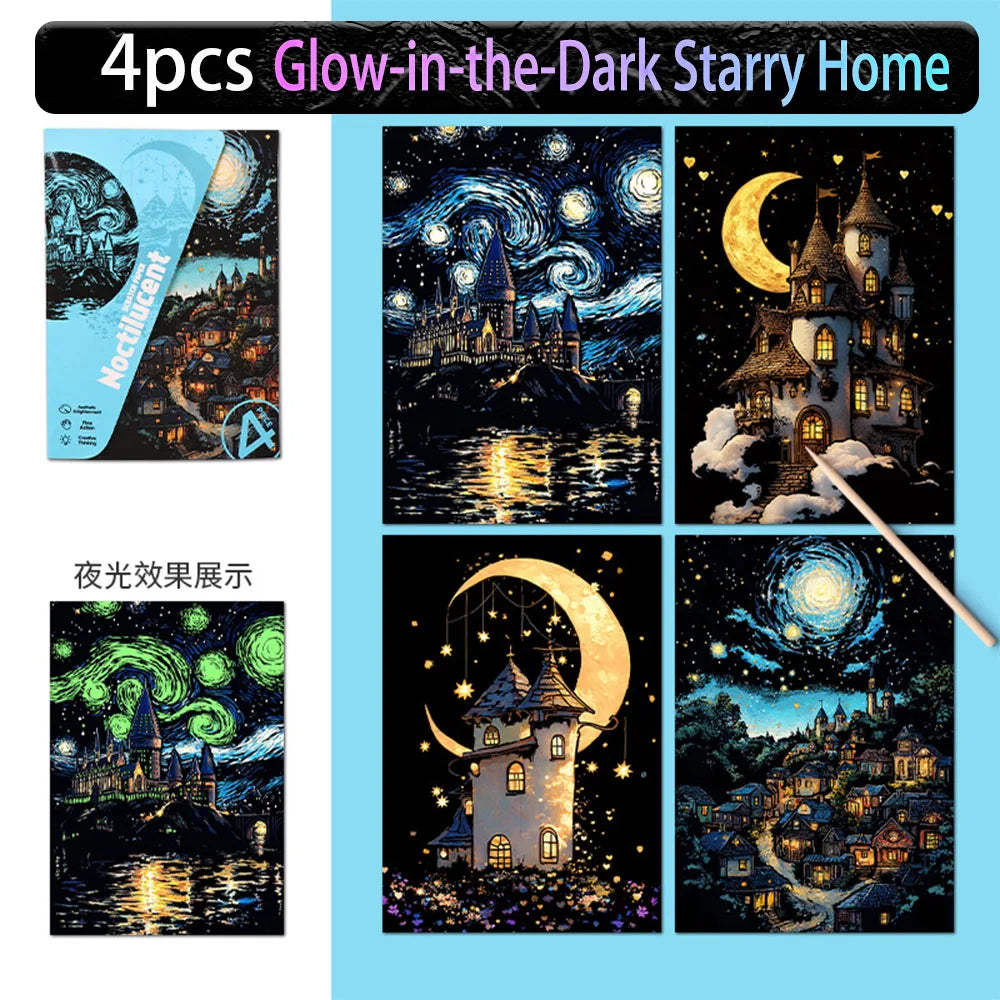 DIY Scratch Art Postcards A5 (20 x 14 cm | 7.9 x 5.5 in) 4‑Pack Night Scene Rainbow Scratch‑Off Sheets with Bamboo Stylus — Kids & Adult Craft Gift