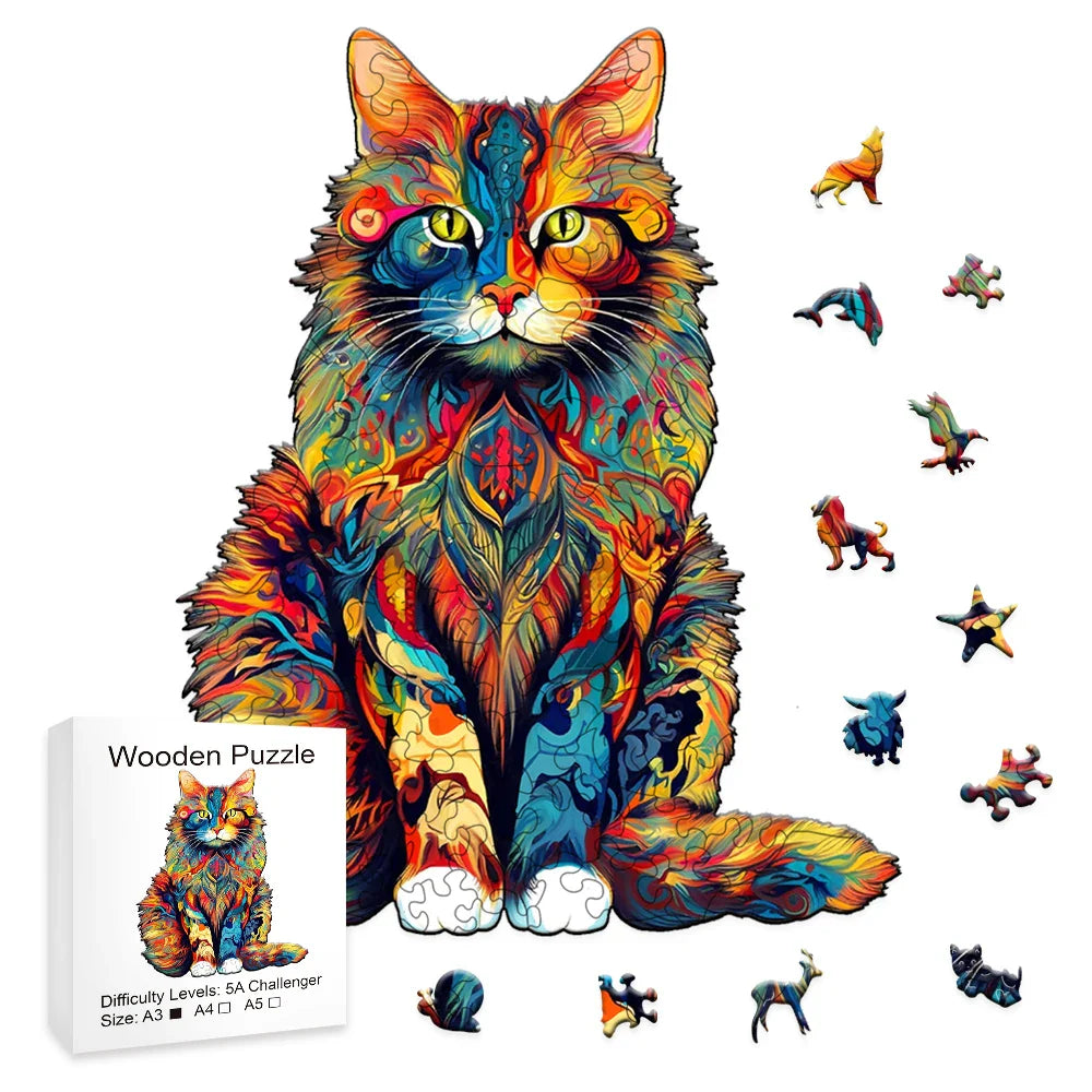Color Changing Cat Wooden Puzzle - Irregular Animal Jigsaw, High-Difficulty Brain Teaser Toy