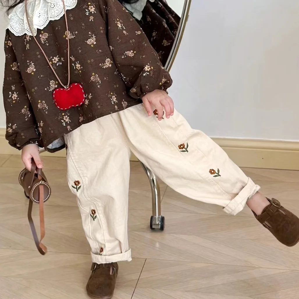 Girls Floral Embroidered Cotton Harem Pants 2-6T Elastic Waist Casual Autumn Trousers