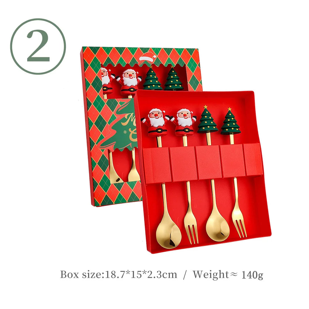 4-Piece Stainless Steel Christmas Cutlery Set – Spoon & Fork Holiday Table Decor with Elk & Tree Ornaments