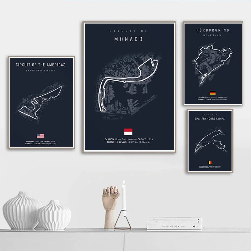F1 Track Canvas Print – Imola & Monaco Circuit Wall Art, Formula 1 Motorsport Poster, Unframed Nordic Racing Decor for Home