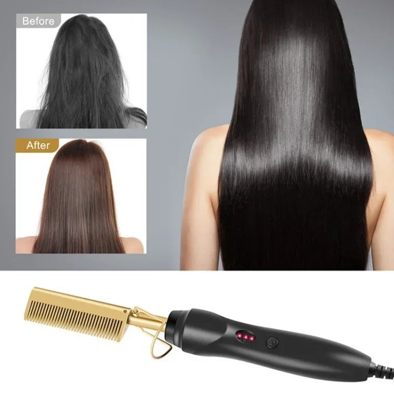 2-in-1 Heated Hair Straightener & Curler Brush – Wet/Dry Tourmaline Ceramic Styling Comb