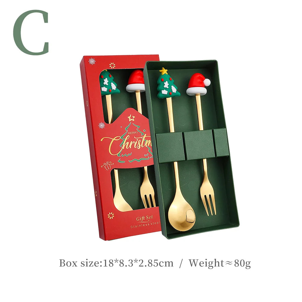 4-Piece Stainless Steel Christmas Cutlery Set – Spoon & Fork Holiday Table Decor with Elk & Tree Ornaments