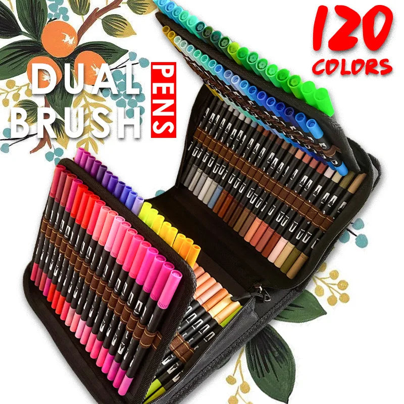 Watercolor Brush Pens Dual-Tip Fineliner Art Marker Set — Available in 12, 24, 60, 72, 100 and 120 Colors