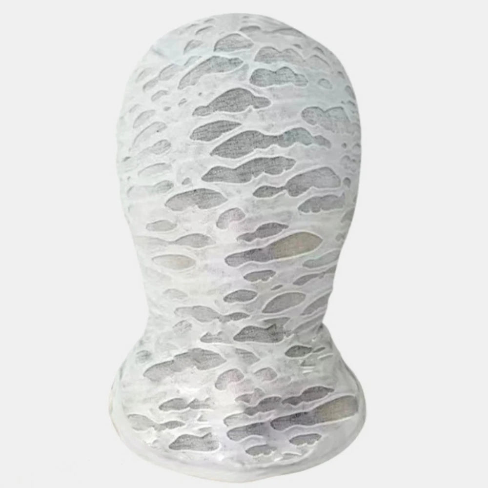 Mummy Torn Mesh Full-Face Balaclava — Breathable Stretch Hood for Halloween Cosplay & Festival