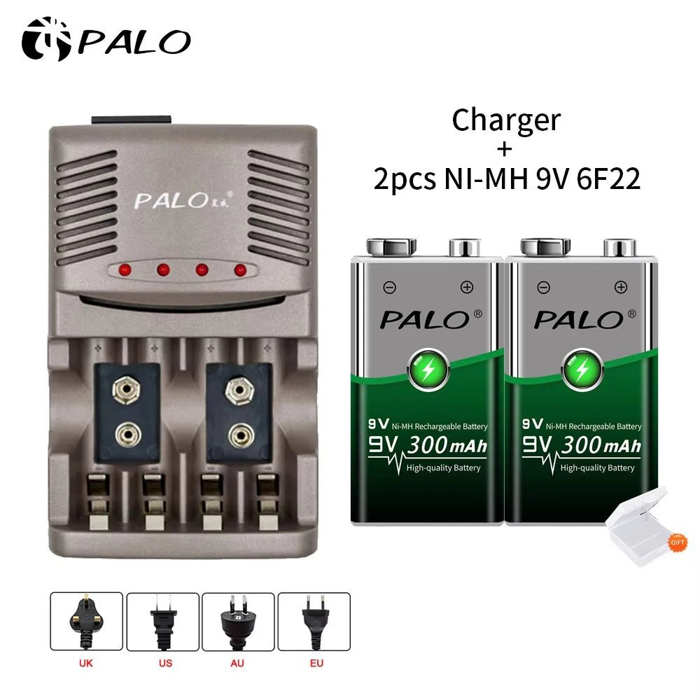 9V Ni-MH Rechargeable Battery 300mAh with Smart Charger — Low Self-Discharge Reusable 9 Volt Battery