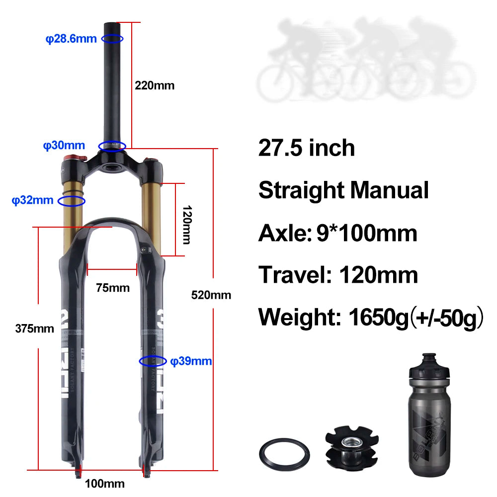 Mountain Bike Air Suspension Fork 26/27.5/29 Inch 100mm Travel (120mm Exposed) Air & Oil Damping Remote Lockout 9mm Axle 32mm Stanchions Disc Brake