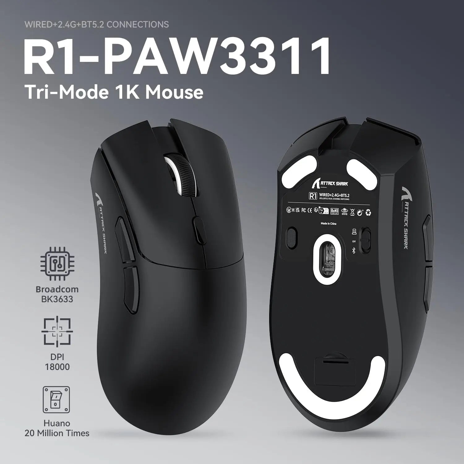 59g (2.08 oz) Ultra-Light Right-Handed Gaming Mouse – Bluetooth, 2.4 GHz Wireless & Wired USB