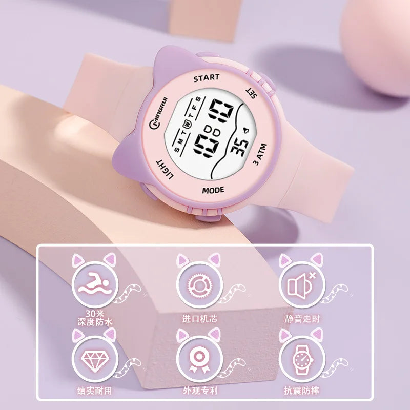 Kids Digital Cat & Star Watch for Girls and Boys, Waterproof 5ATM (50m) Alarm, Luminous Hands, 35mm Dial