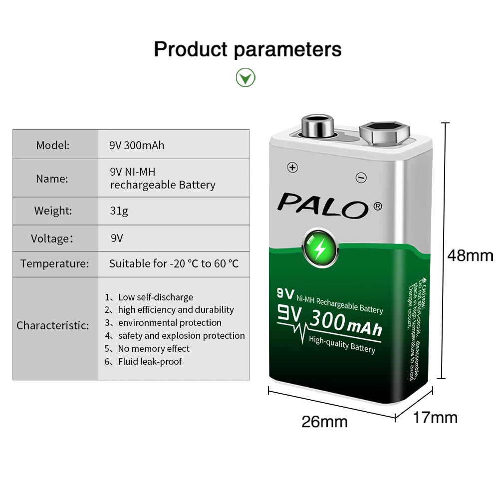9V Ni-MH Rechargeable Battery 300mAh with Smart Charger — Low Self-Discharge Reusable 9 Volt Battery