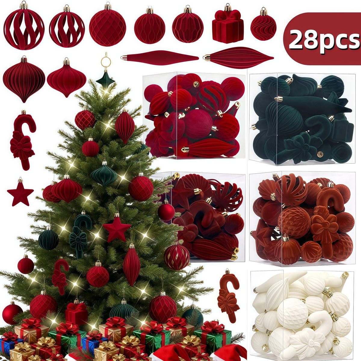 28-Piece Velvet Christmas Ornaments Set – Multi-Size Stars, Scepters & Round Balls for Tree, Home & DIY Decorations