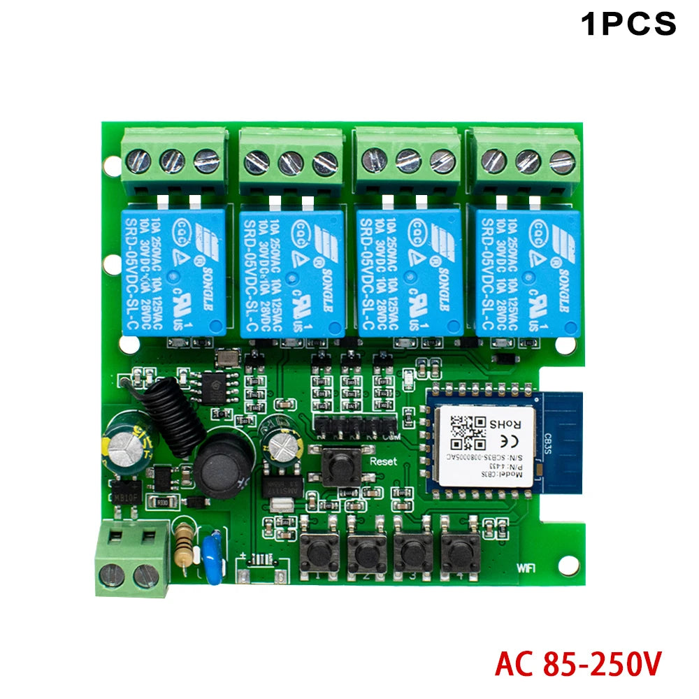 4-Channel WiFi Smart Relay Switch RF433 — AC/DC 7-32V & AC 85-250V Garage Door & Motor Controller