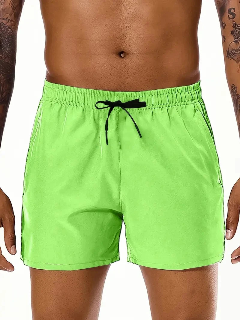 Men's Summer Beach Casual Comfortable Elastic-Waist Solid Color Sports Shorts with Double Pockets