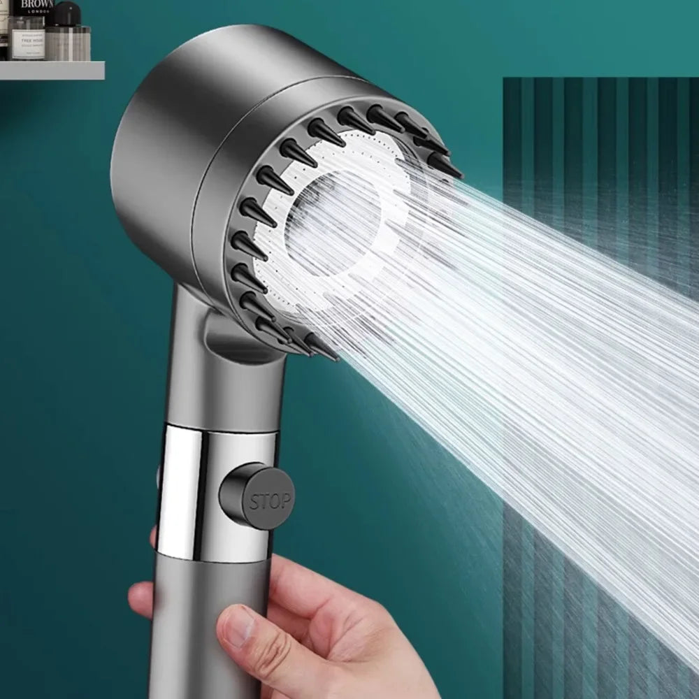High-Pressure Filter Shower Head 3-Mode Adjustable Spray with Massage Brush Rainfall Water-Saving (25 x 7 cm / 9.8 x 2.8 in)