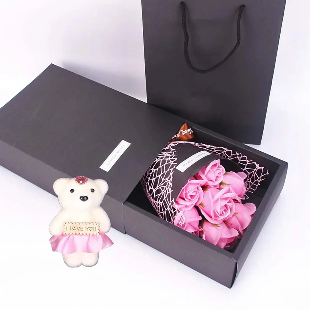 Valentine's Day 7-Piece Fragrant Soap Rose Bouquet in Gift Box - Artificial Roses for Romantic Gift & Home Decor