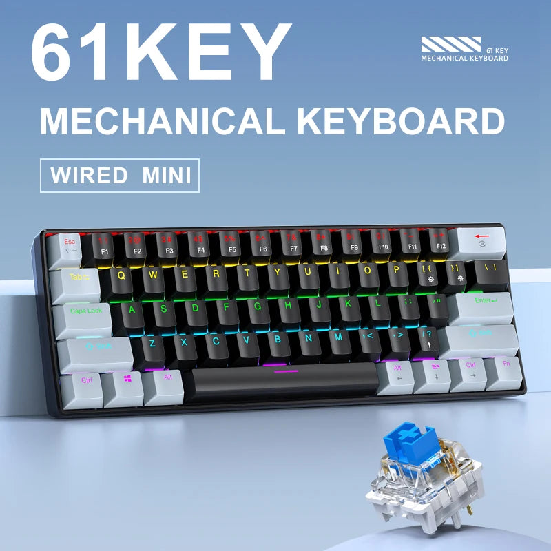 61-Key Wired Mechanical Keyboard USB-C — Blue or Red Switches, RGB Backlight