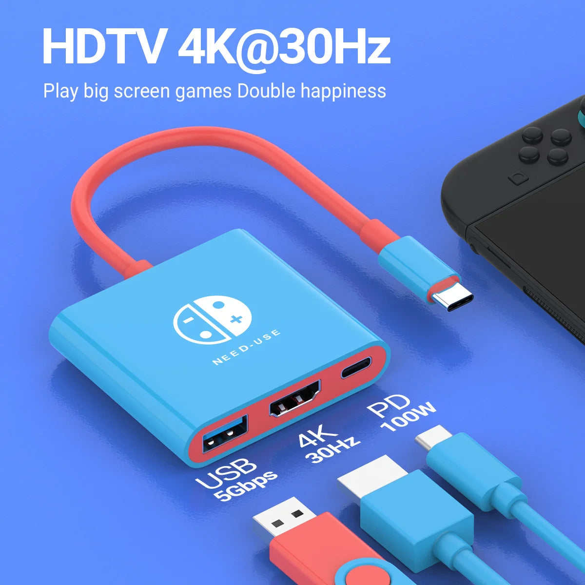 3-in-1 USB-C Hub — 4K HDMI, 100W PD Fast Charging & USB 3.0 Dock for Switch, MacBook, Laptop, Phone