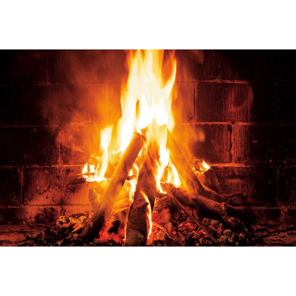 Christmas Fireplace Photography Backdrop - Burning Firewood Flame Brick Wall Photo Studio Background
