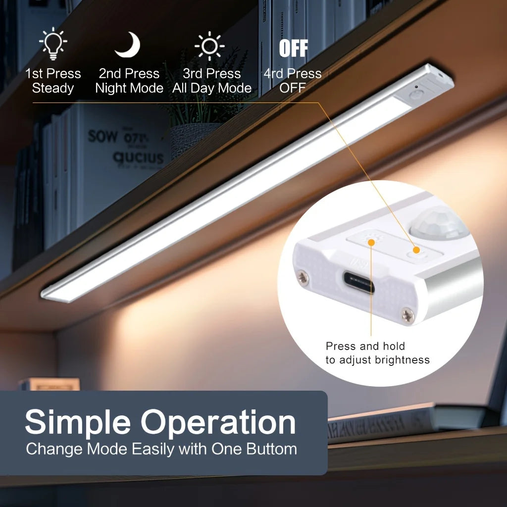 LED Motion Sensor Under-Cabinet Light - USB-C Rechargeable Wireless Night Lamp (10/20/30/40 cm | 4/8/12/16 in)
