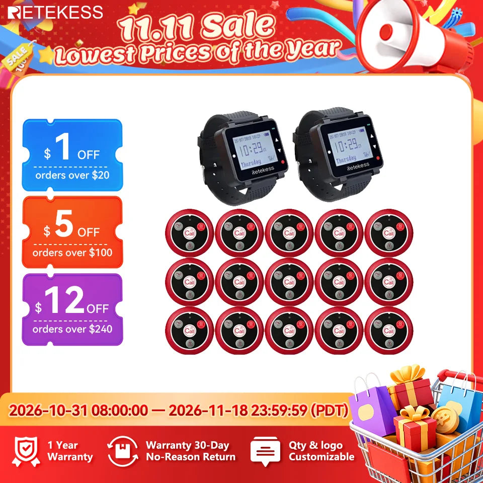 Wireless Waiter Calling System with Rechargeable Watch Receiver and Programmable Call Buttons – Restaurant Pager for Cafe Bar