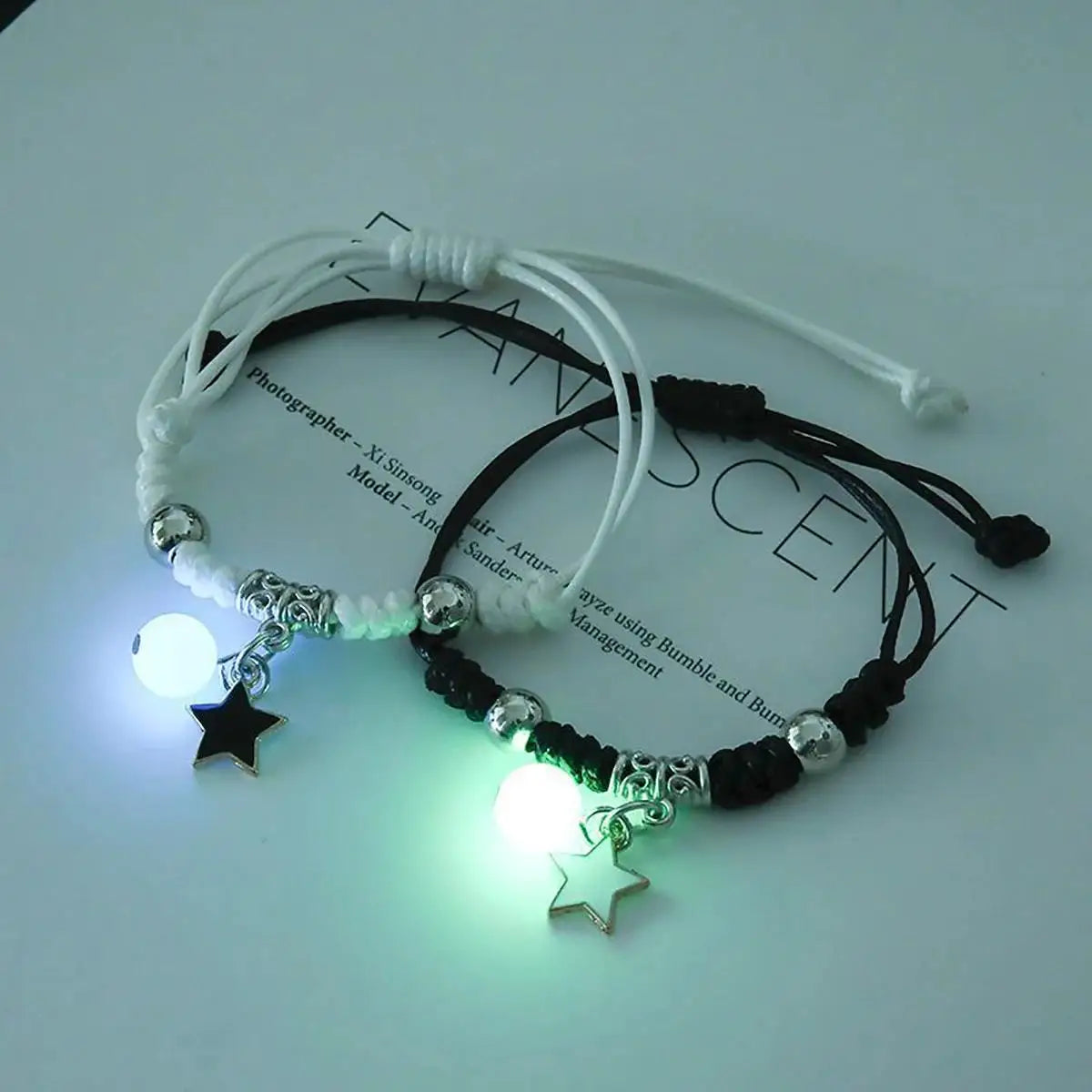 2-Piece Luminous Bead Couple Charm Bracelets - Star Moon Heart Cat Flower Matching Set (Unisex)