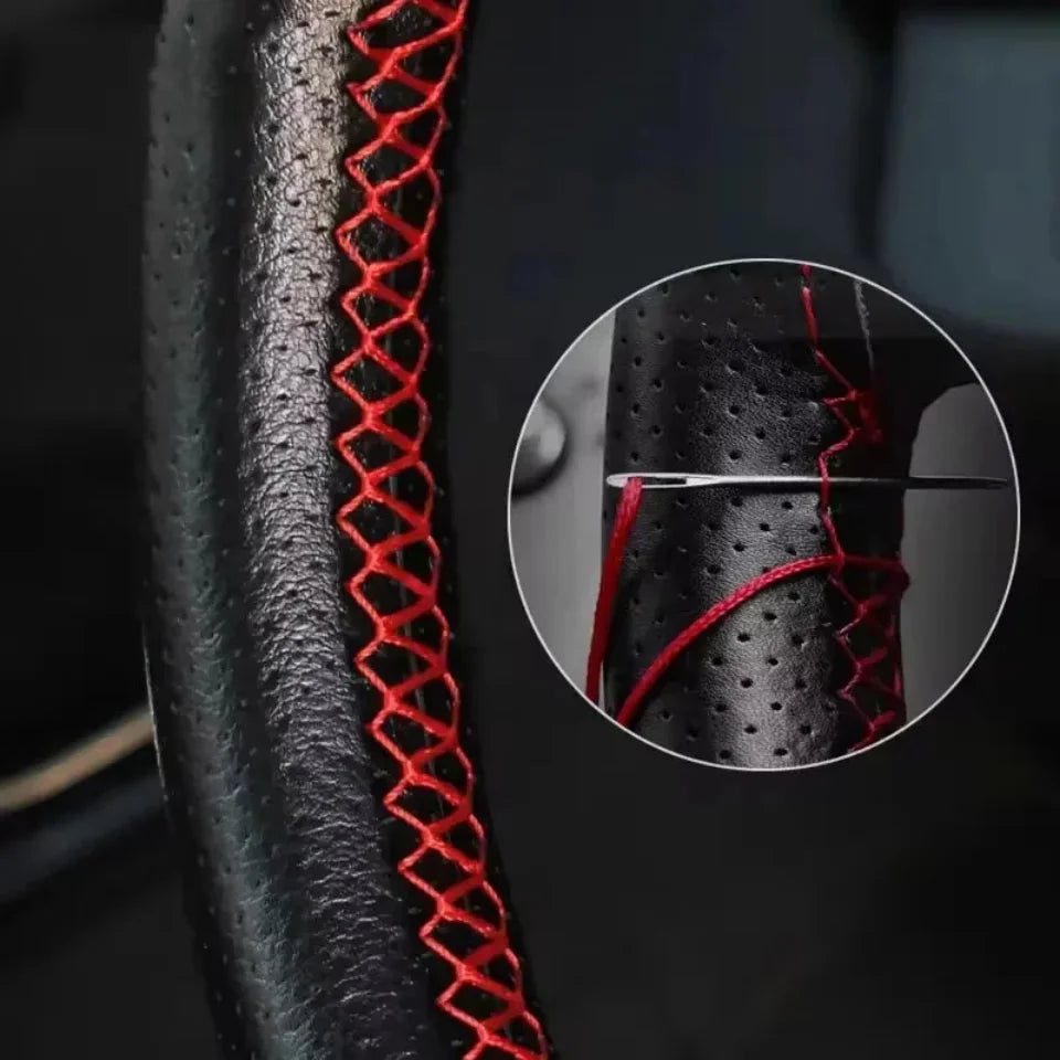Microfiber Leather Steering Wheel Cover with Needle & Braid — Skid-Proof Car Interior, Fits 14–16 in (36–41 cm)