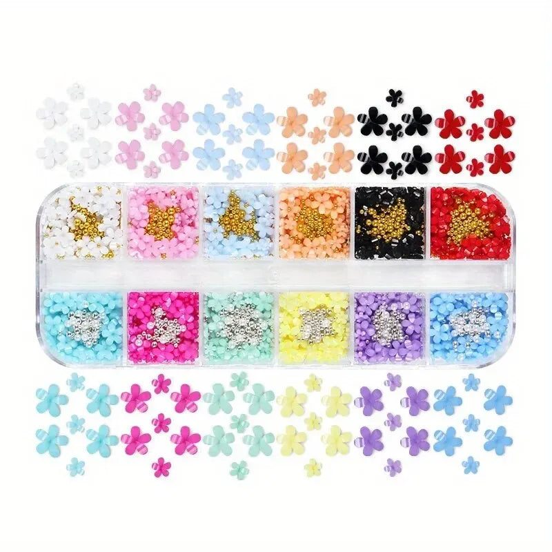 12-Grid 3D Flower Nail Charms Set - Mixed Colors Caviar Beads, Rhinestones & Pearls for DIY Nail Art (3mm & 6mm / 0.12 in & 0.24 in)