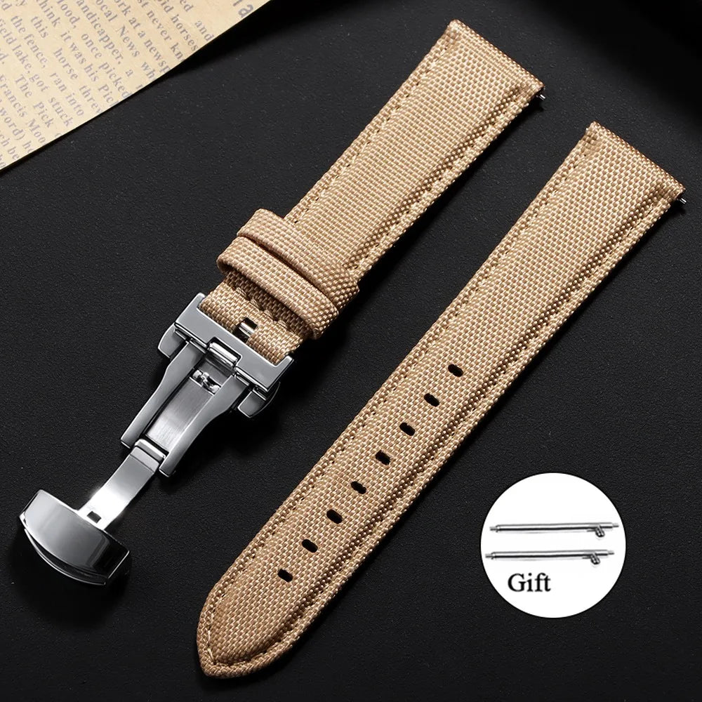 Sailcloth Nylon Leather Watch Strap 20mm 22mm Quick-Release Waterproof Butterfly Clasp Unisex Business Watch Band