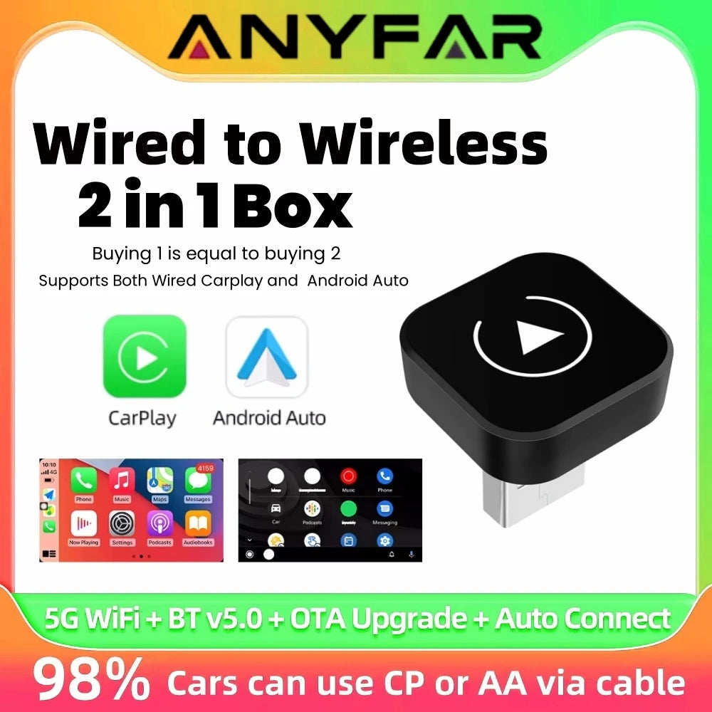 Wireless CarPlay & Android Auto Adapter 2-in-1 USB 5.8GHz WiFi Convert Wired to Wireless