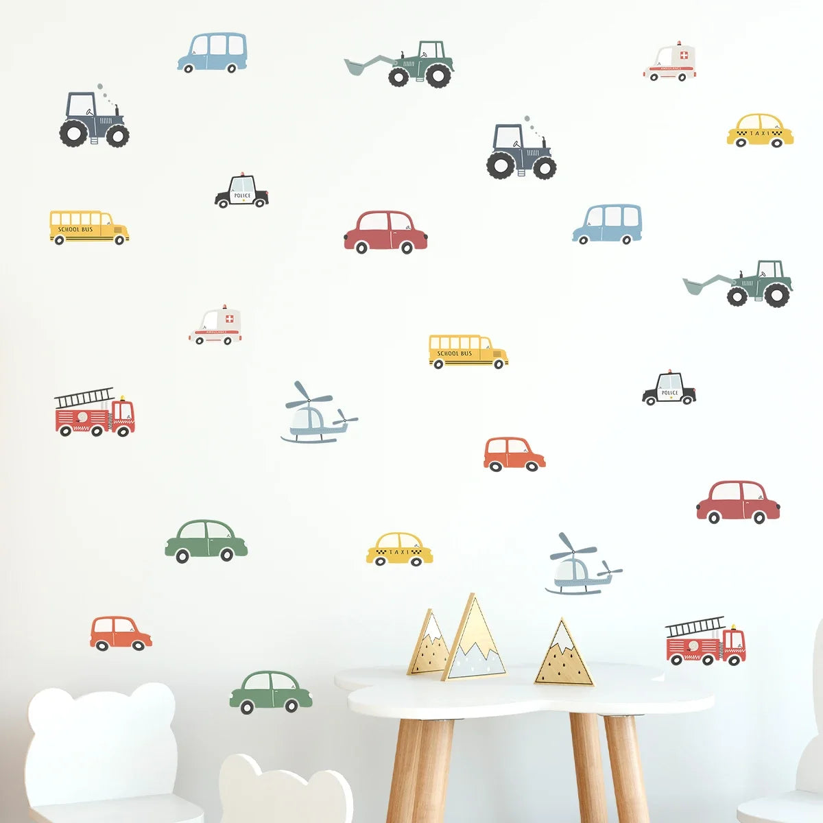 Cartoon Tractor Helicopter Car Wall Decals for Kids Room – 4-Pack Removable Waterproof PVC Nursery & Playroom Decor