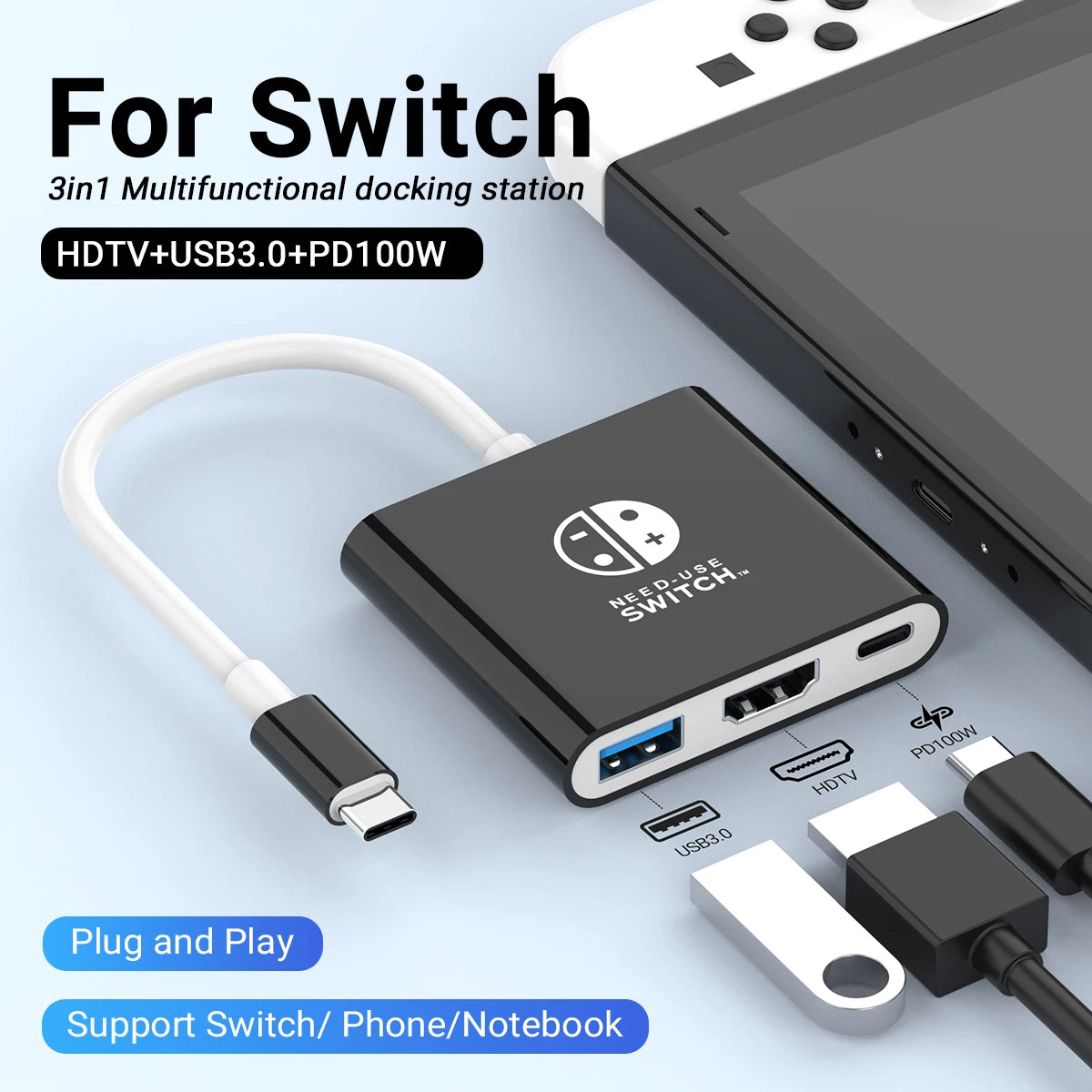3-in-1 USB-C Hub — 4K HDMI, 100W PD Fast Charging & USB 3.0 Dock for Switch, MacBook, Laptop, Phone