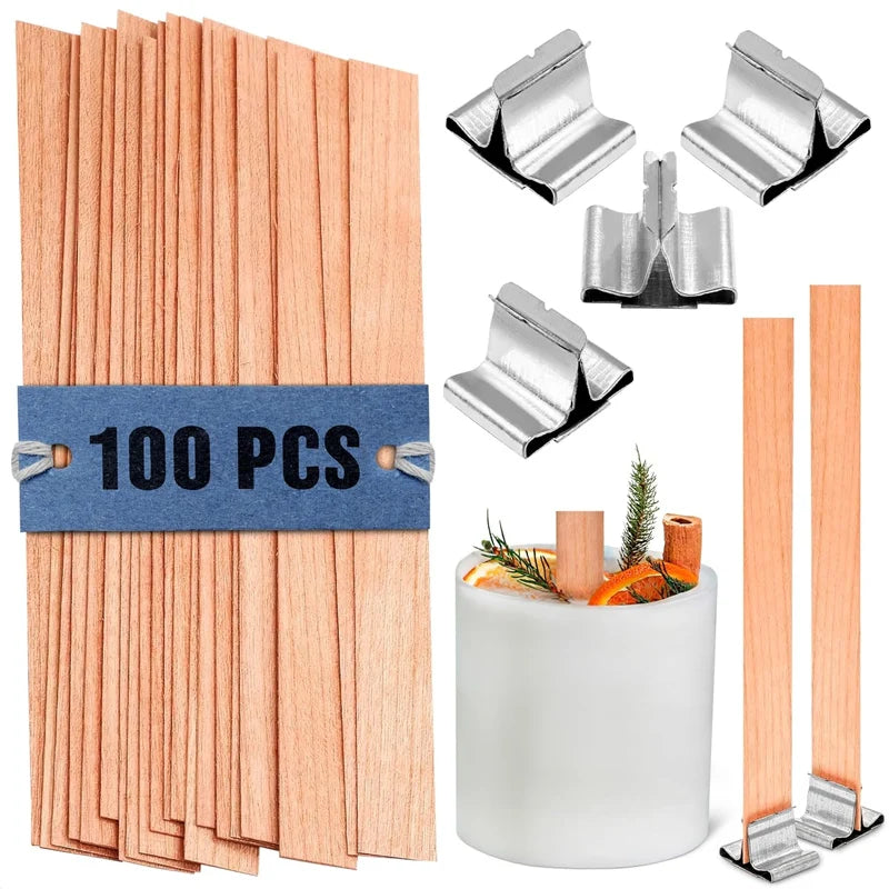 Flat Wooden Candle Wicks with Iron Stand and Base Holder – Wooden Wick Cores for DIY Candle Making