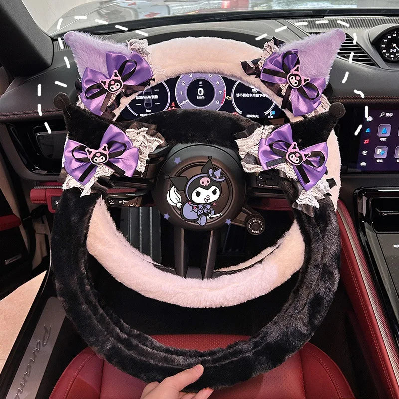 Kuromi Plush Steering Wheel Cover Soft Warm Anti-Slip 38cm (15 in) Car Accessory for Girls
