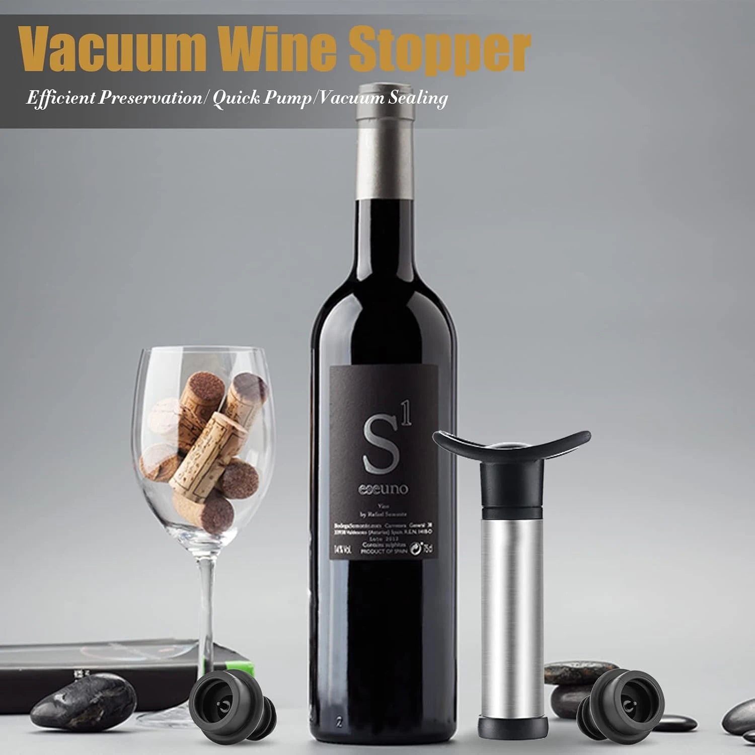 Vacuum Wine Stopper Pump with Silicone Seal — Reusable Wine Preserver Bottle Stopper for Barware
