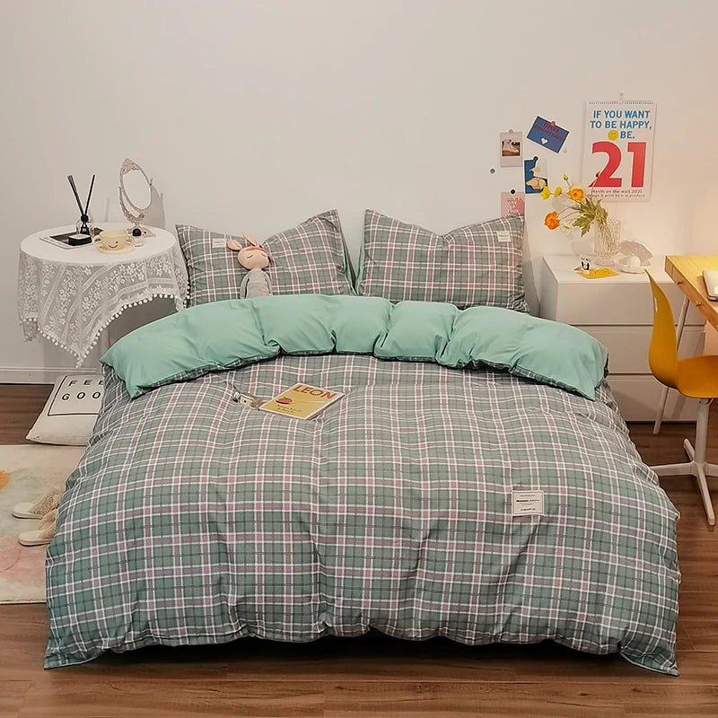 100% Cotton Plaid Stripe Duvet Cover Set - 3-Piece Breathable Washed Twill Bedding (1 Duvet Cover + 2 Pillowcases)