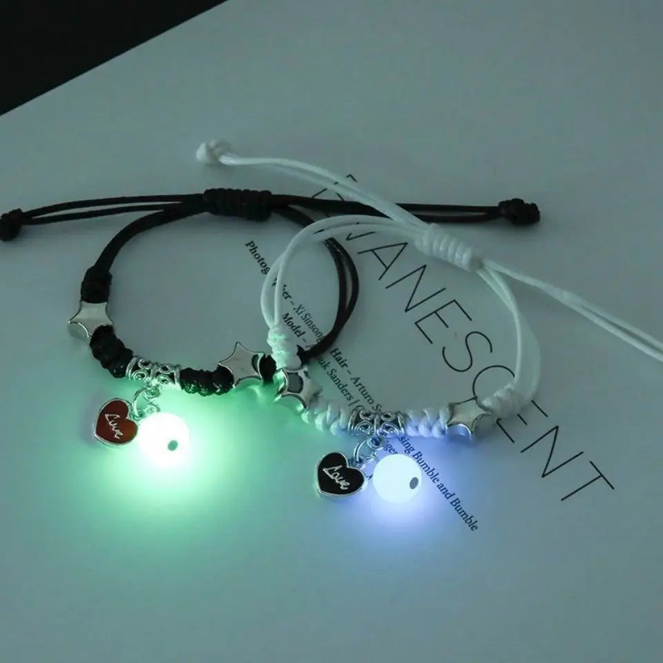 2-Piece Luminous Bead Couple Charm Bracelets - Star Moon Heart Cat Flower Matching Set (Unisex)